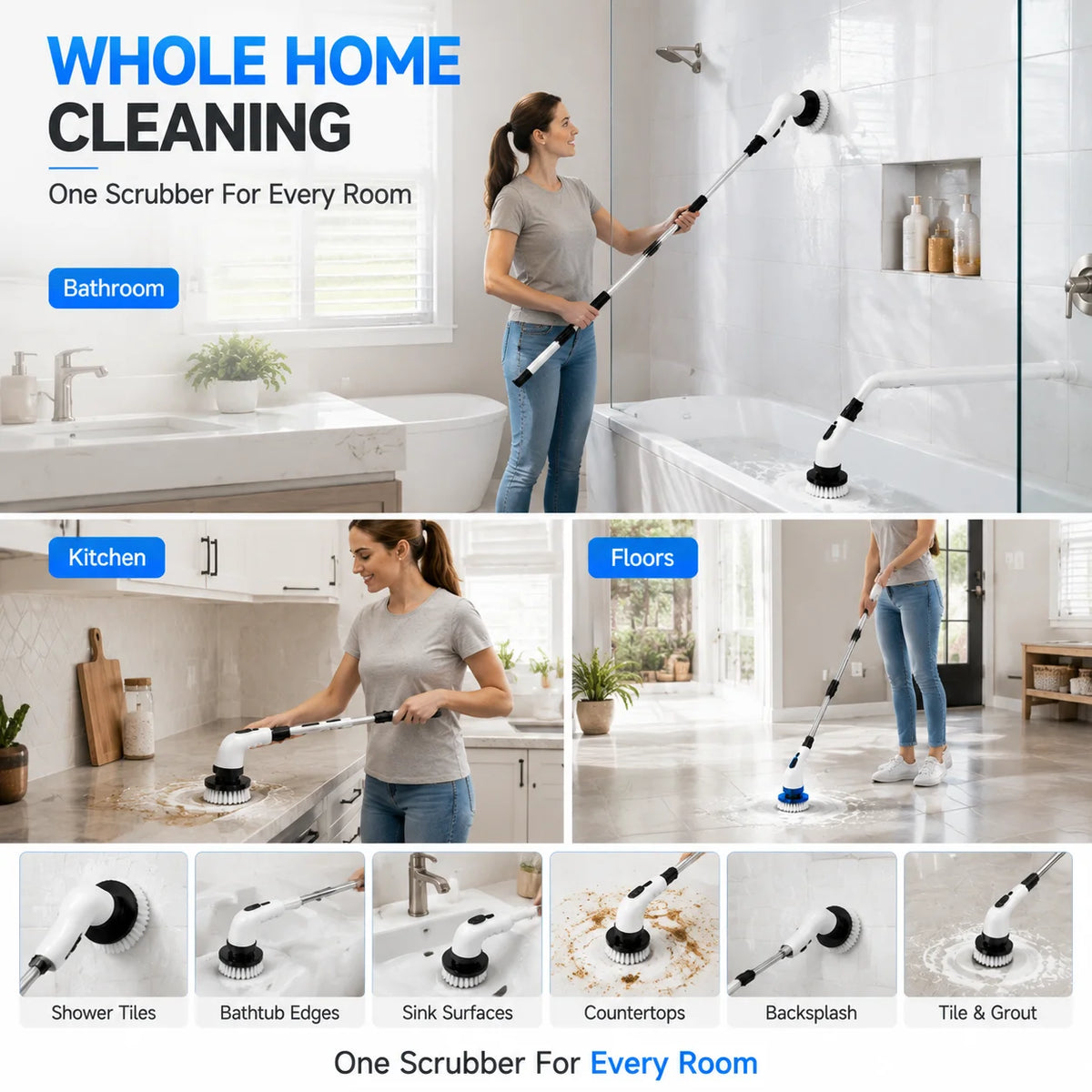 Cordless Electric Spin Scrubber, 9-in-1 Power Cleaning Brush with Long Handle and Multiple Brush Heads for Bathroom Kitchen Floor