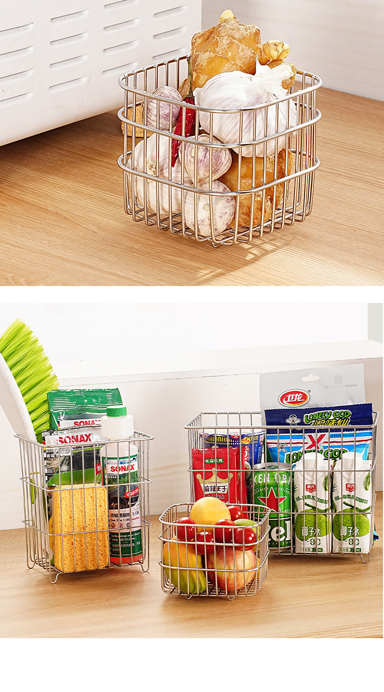 304 Stainless Drain Basket Household Kitchen Storage Basket Square Fruit Vegetable Basket Cosmetics Storage Basket