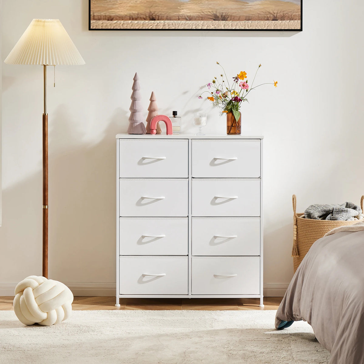 MCQ Fabric 5 Drawers Cabinet And Open Grid For Living Room Storage Cabinet Organizer with 2 Tier Shelf Beside Nightstand Dresser Tables Display Furniture