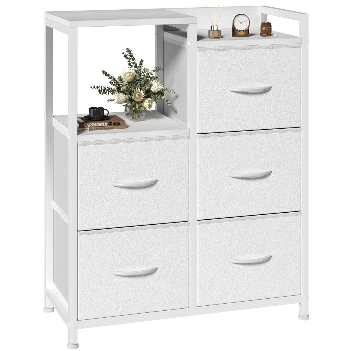 JHK 5 Fabric Drawer Chest with Raised Shelf Metal Frame TV Stands for Bedroom Storage Tower with Bins for Closet Organization Hallway Storage for Home