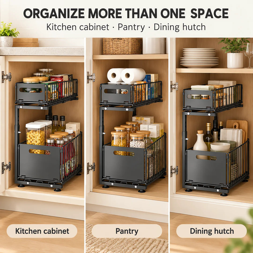 Adjustable Pull-Out Cabinet Organizer, 2-Basket Black Carbon Steel Storage Rack with 5 Height Positions for Kitchen Pantry and Countertop