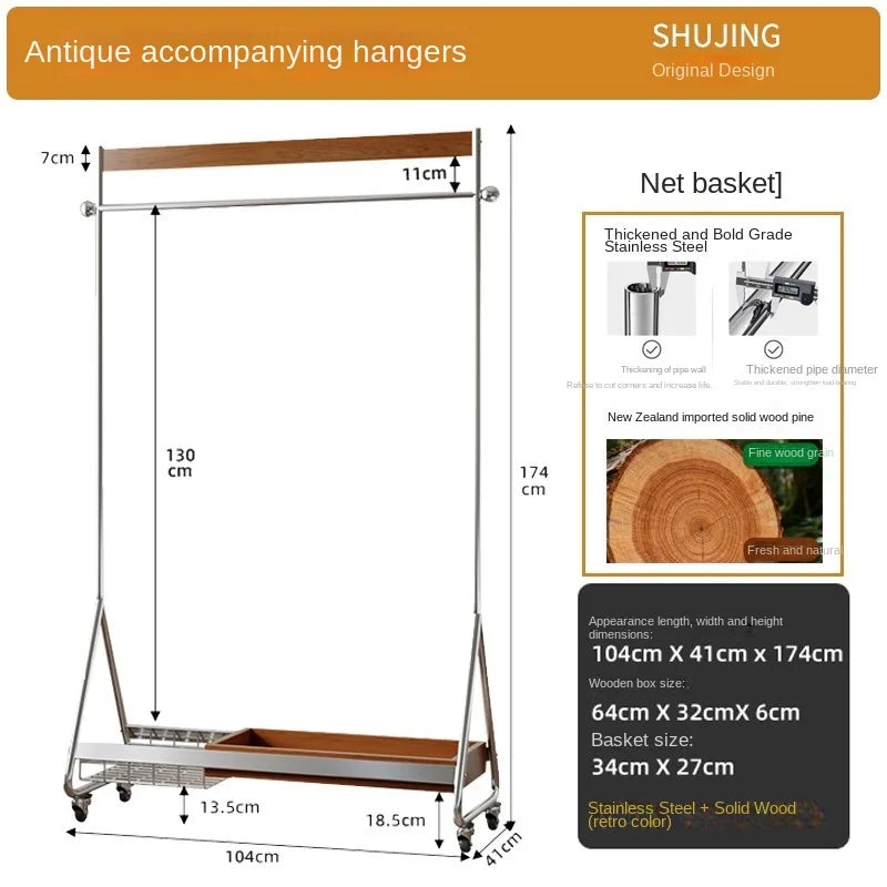 MOMO French Medieval Floor-Standing Hanger Movable Solid Wood & Stainless Steel Corner Coat Rack for Home Bedroom Storage