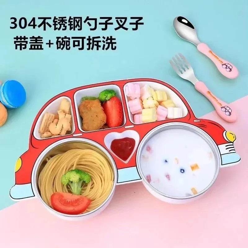 Korean Style Love Beetle Car Shaped Meal Plate with Cover Divided Tableware Stainless Steel Anti Drop Children's Plate Sets