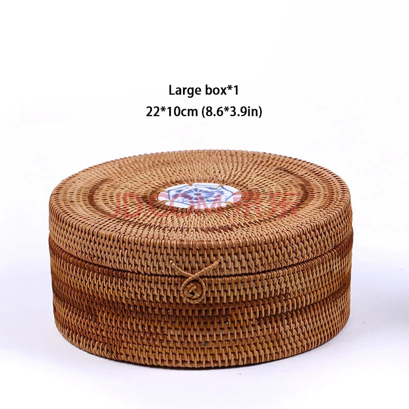 Handwoven Rattan Storage Box With Lid Wicker Tea Food Container Picnic Bread Fruit Cake Basket Ornament Box Kitchen Organizer