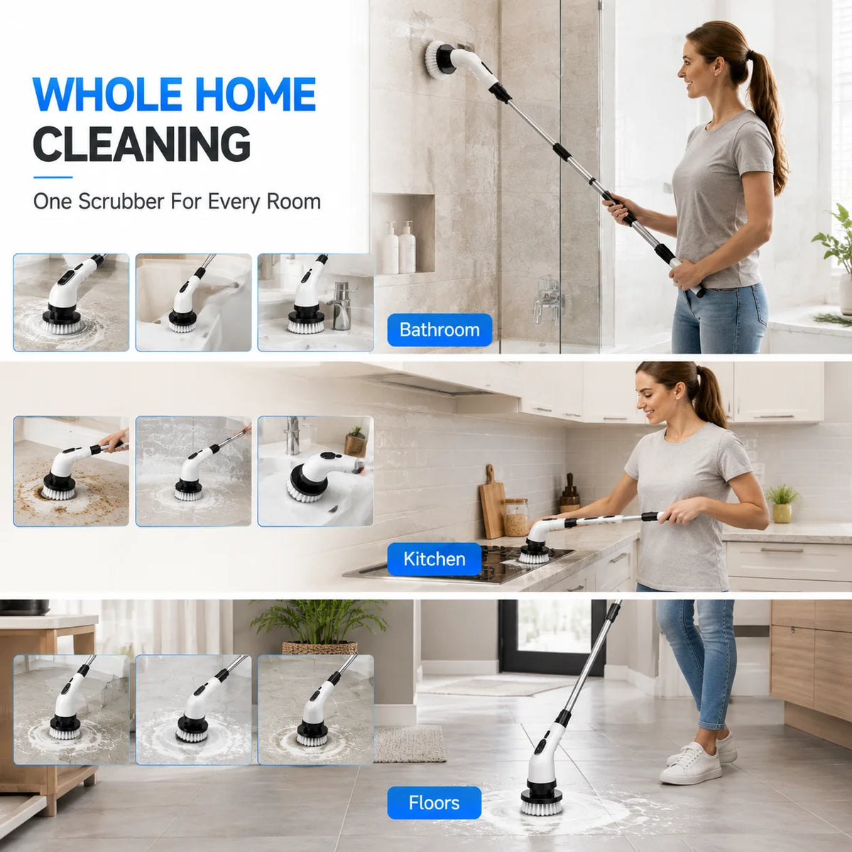 Cordless Electric Spin Scrubber, 9-in-1 Power Cleaning Brush with Long Handle and Multiple Brush Heads for Bathroom Kitchen Floor