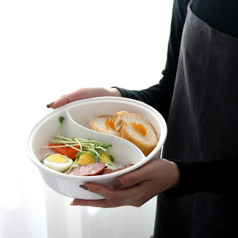 Ceramic Big Soup Bowl Double Grid Round Fruit Salad Plate Cake Bread Dessert Dish Tray Noodles Tableware Kitchen Storage Tool