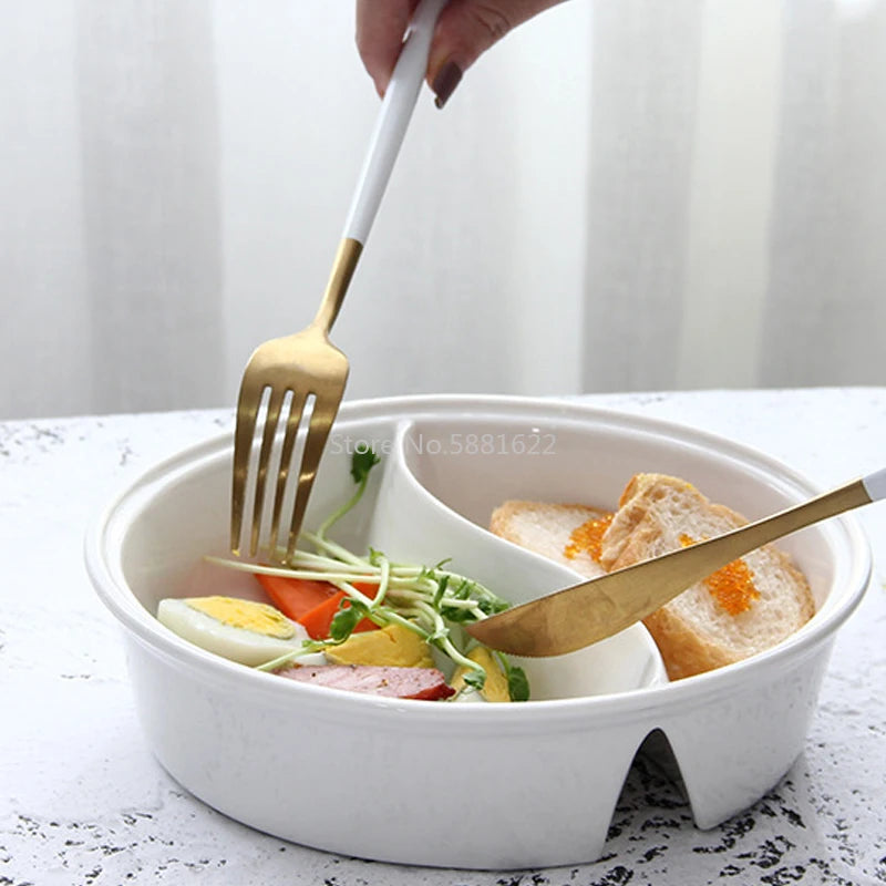 Ceramic Big Soup Bowl Double Grid Round Fruit Salad Plate Cake Bread Dessert Dish Tray Noodles Tableware Kitchen Storage Tool