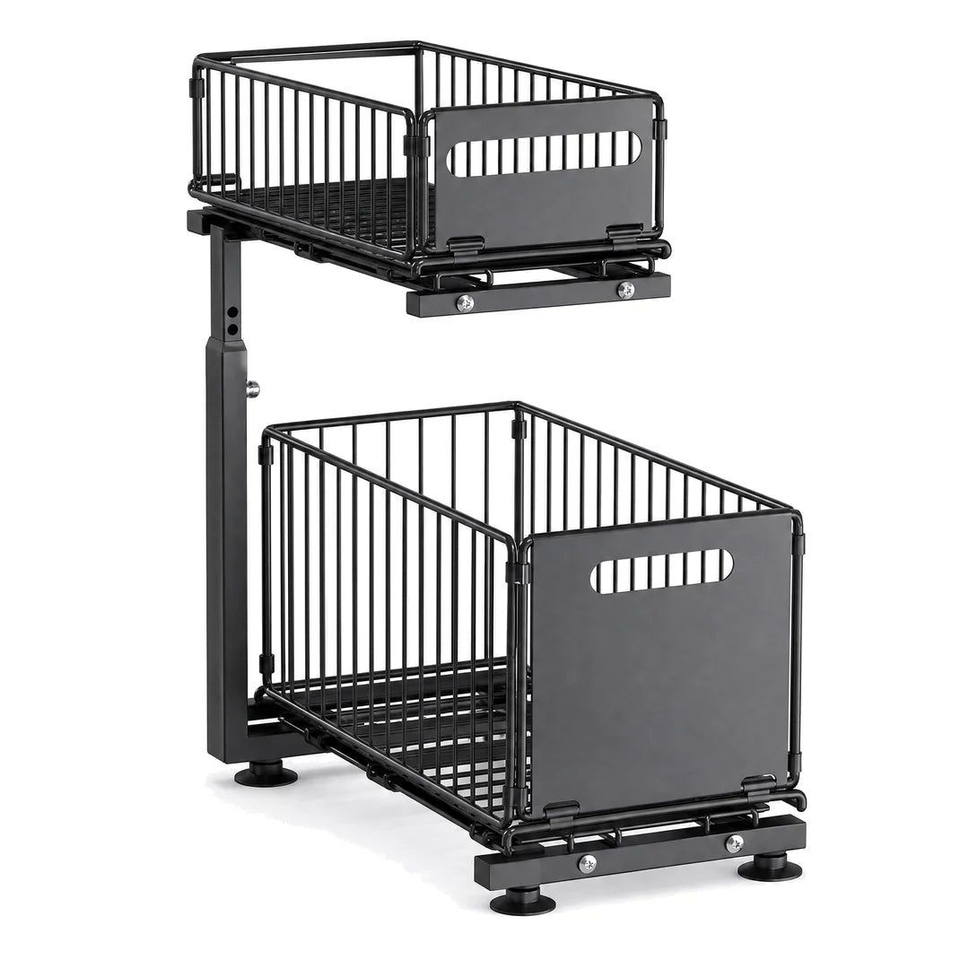 Adjustable Pull-Out Cabinet Organizer, 2-Basket Black Carbon Steel Storage Rack with 5 Height Positions for Kitchen Pantry and Countertop
