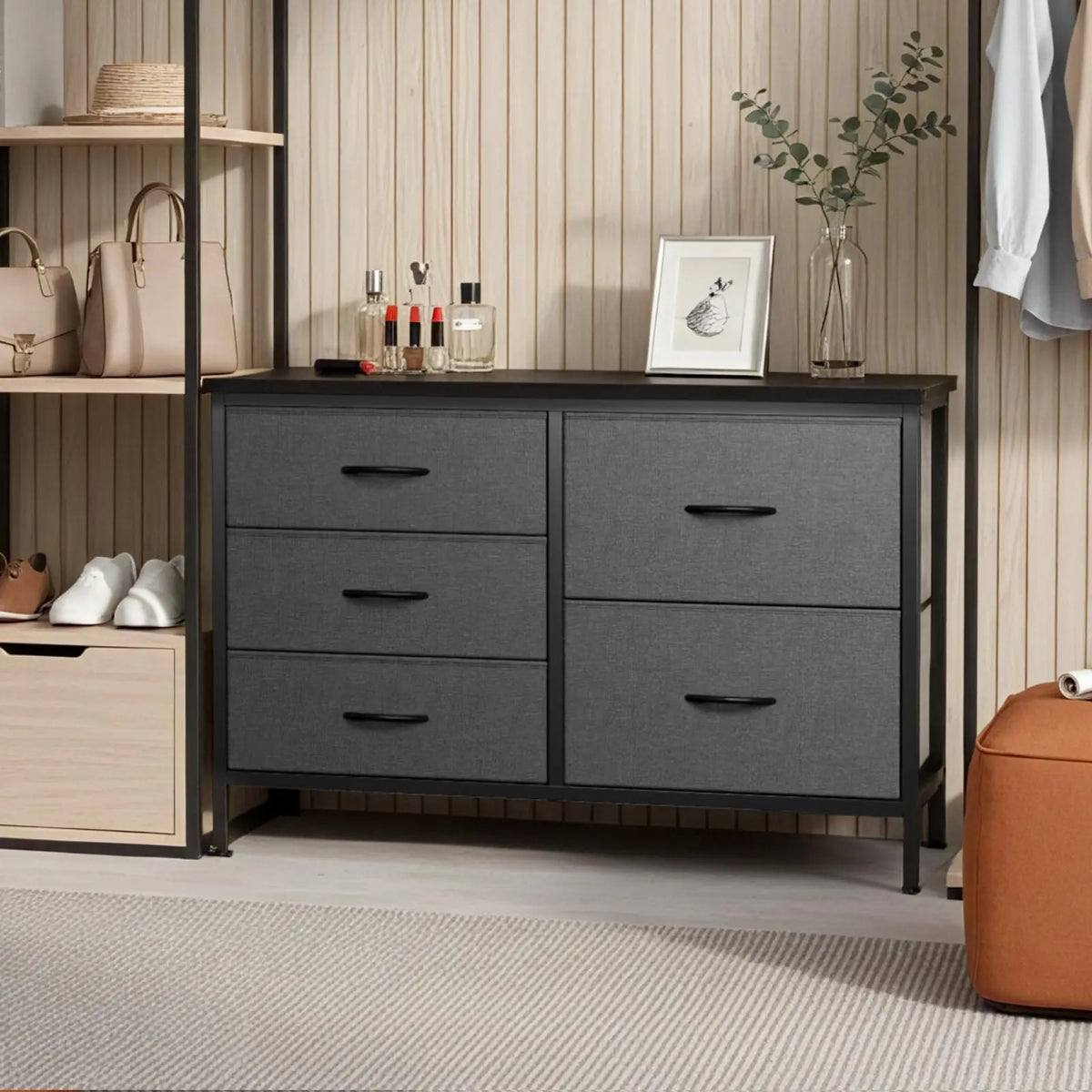 JHK Dresser for Bedroom with 5 Storage Drawers Fabric Chest of Drawers with Metal Frame Living Room Storage Organizers for Home