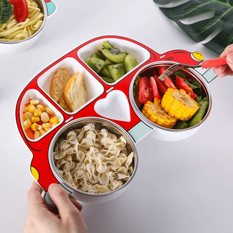 Korean Style Love Beetle Car Shaped Meal Plate with Cover Divided Tableware Stainless Steel Anti Drop Children's Plate Sets