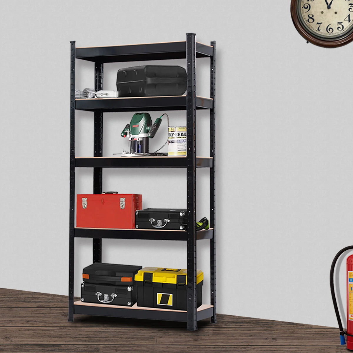 5 Tier Heavy Duty Metal Shelving Rack Unit Garage Storage Shelf Boltless Design MDF Boards Adjustable for Home Black