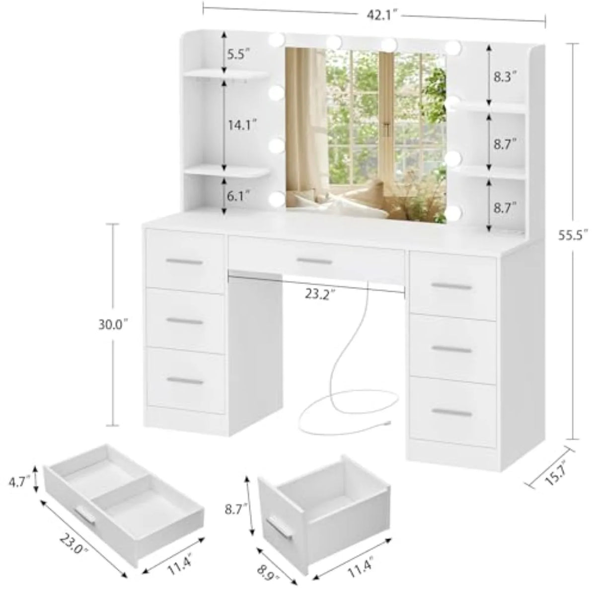 Large Makeup Vanity Desk with LED Mirror and Power Outlet, 7 Drawers and 4 Shelves for Bedroom Storage
