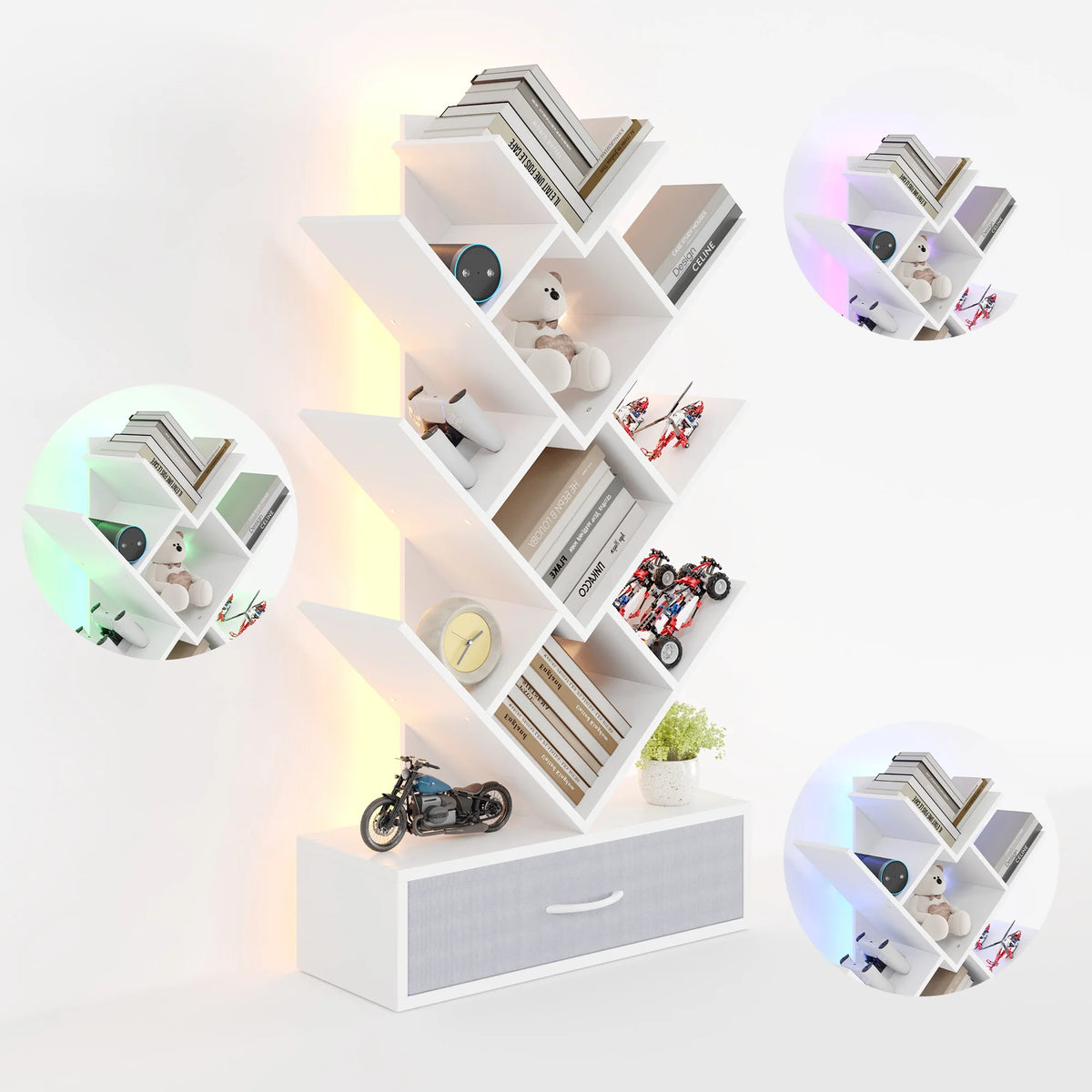 Tree Bookshelf with LED Lights, 7-Tier Bookcase with Fabric Drawer, Narrow Industrial Floor Standing Storage Rack for Small Spaces, Living Room, Bedroom, Home Office,