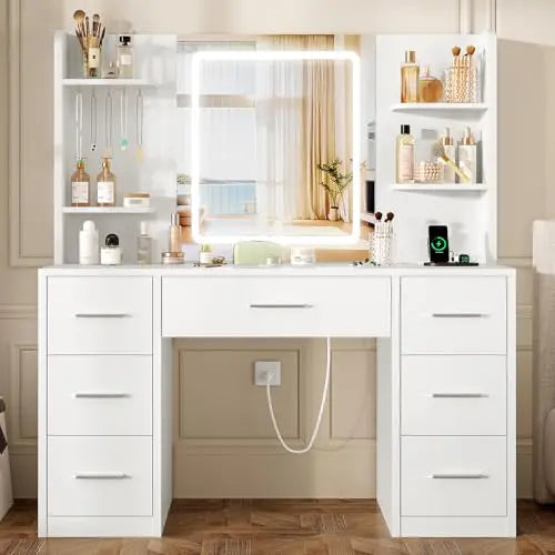 Large Makeup Vanity Desk with LED Mirror and Power Outlet, 7 Drawers and 4 Shelves for Bedroom Storage