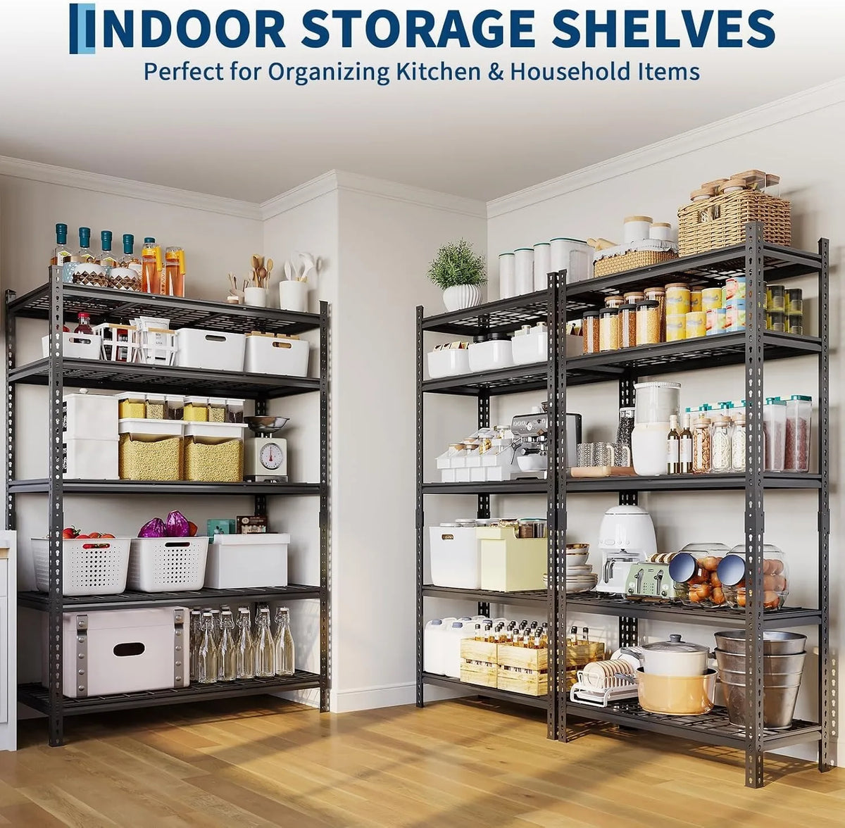 5 Tier Metal Shelving Unit 48x24x72 Inch, Heavy Duty Garage Storage Rack 2400 LBS Capacity, Adjustable Boltless Steel Shelf for Pantry Basement Workshop, Tool-Free Assembly, Black