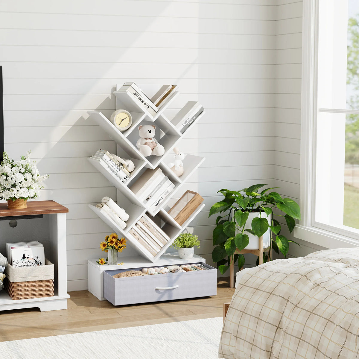 Tree Bookshelf with LED Lights, 7-Tier Bookcase with Fabric Drawer, Narrow Industrial Floor Standing Storage Rack for Small Spaces, Living Room, Bedroom, Home Office,