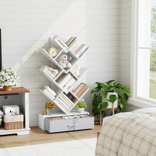 Tree Bookshelf with LED Lights, 7-Tier Bookcase with Fabric Drawer, Narrow Industrial Floor Standing Storage Rack for Small Spaces, Living Room, Bedroom, Home Office,