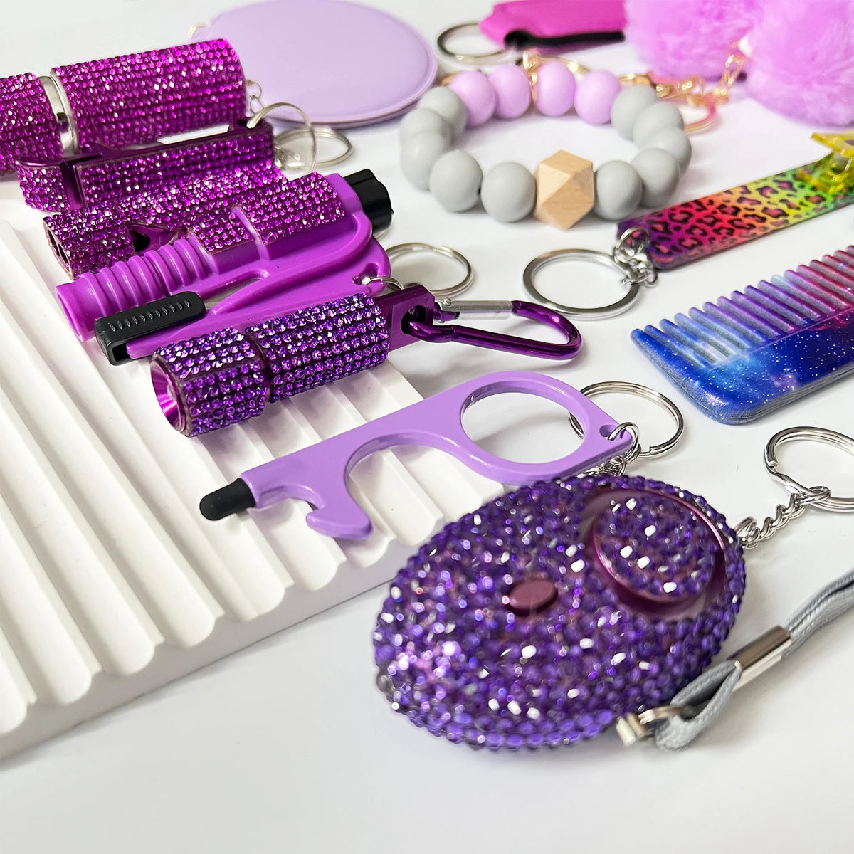 15Pcs/Set Rhinestone Self Defense Women Keychains Personal Safety Multifunction Protection Keychains With Alarm Mirror Pompoms