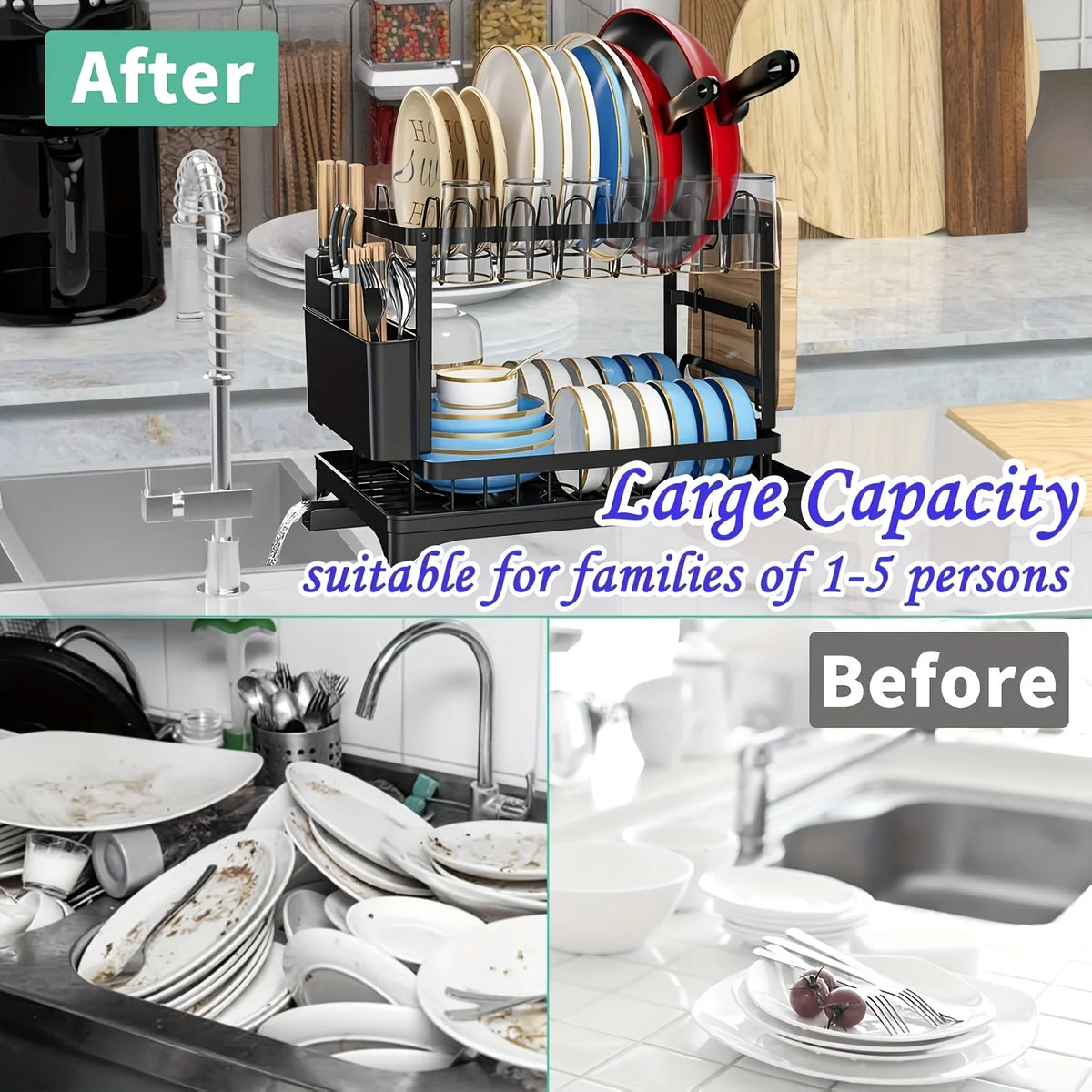 Large-Capacity Double-Layer Kitchen Storage Rack-Metal Dishes with Drainage Function and Tableware Stand, Suitable for Bowls, Cups, Cutting Boards-No Assembly Required