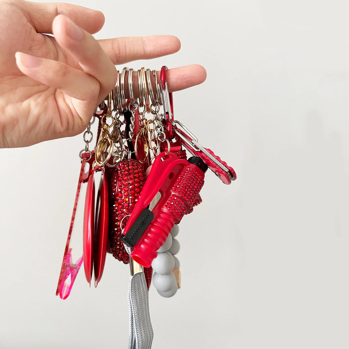 15Pcs/Set Rhinestone Self Defense Women Keychains Personal Safety Multifunction Protection Keychains With Alarm Mirror Pompoms