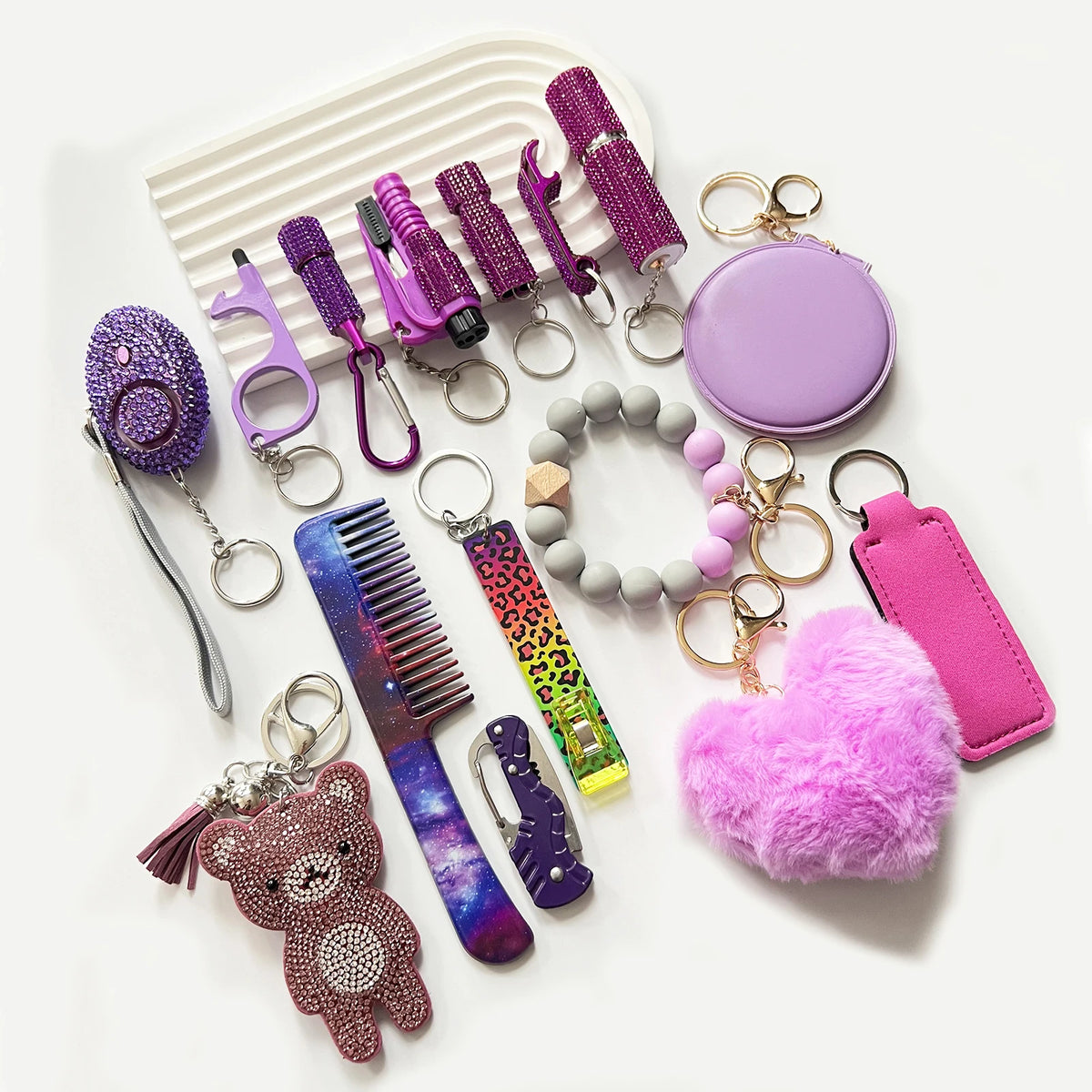 15Pcs/Set Rhinestone Self Defense Women Keychains Personal Safety Multifunction Protection Keychains With Alarm Mirror Pompoms