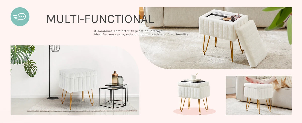 JHK Faux Fur Living Room Hidden Storage Stools & Ottomans Padded Makeup with 4 Metal Legs Anti-Slip Adjustable Feet for Home