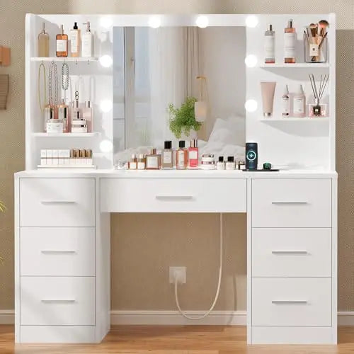 Large Makeup Vanity Desk with LED Mirror and Power Outlet, 7 Drawers and 4 Shelves for Bedroom Storage