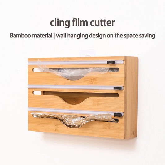 Plastic Wrap Dispenser with Cutter Wooden Organizer Kitchen Storage for Aluminum Foil, Plastic Wrap and Wax Paper, Fits 12" Roll