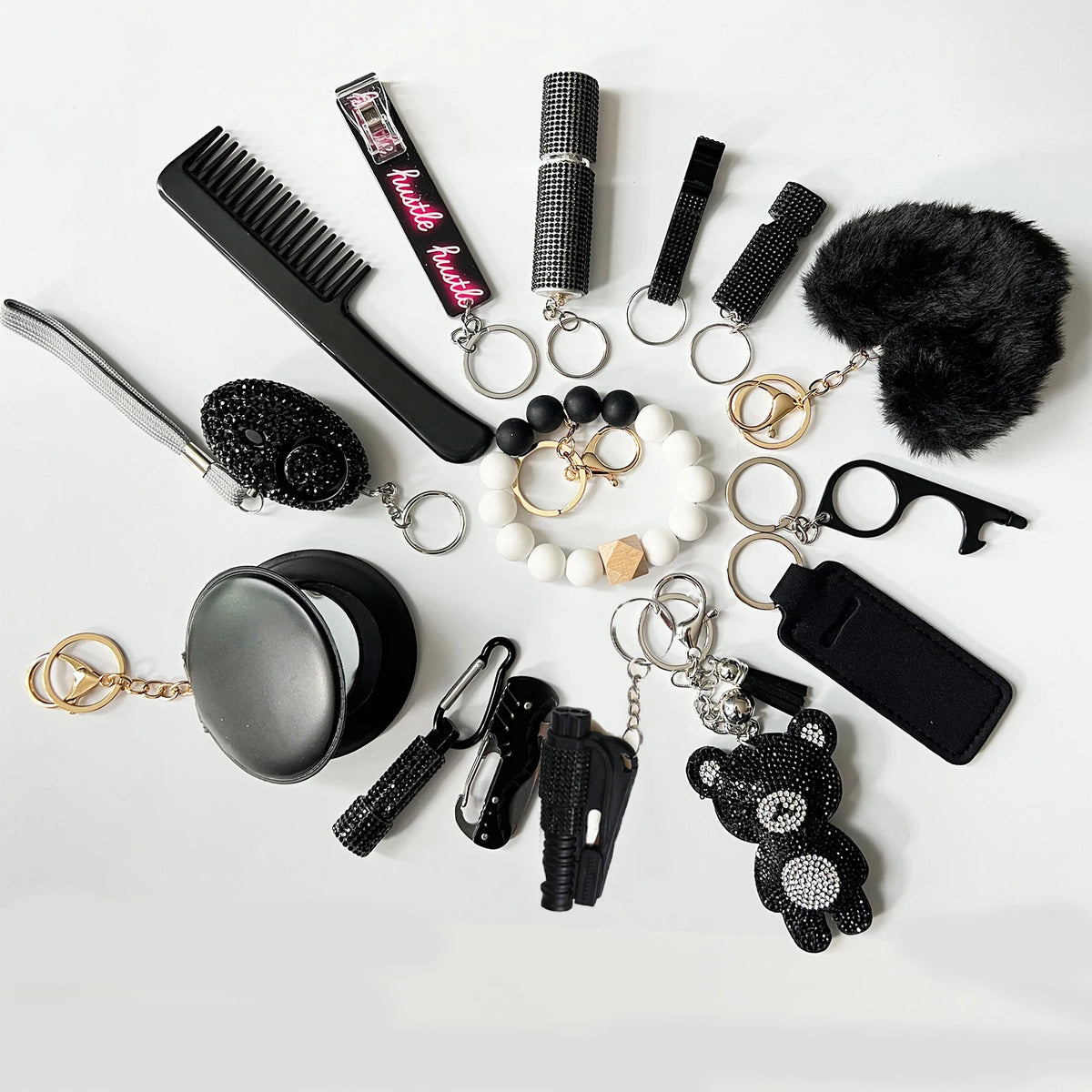 15Pcs/Set Rhinestone Self Defense Women Keychains Personal Safety Multifunction Protection Keychains With Alarm Mirror Pompoms