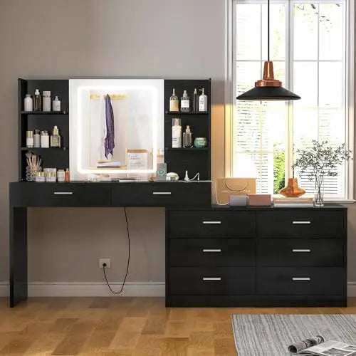 Large Makeup Vanity Desk with LED Mirror and Power Outlet, 7 Drawers and 4 Shelves for Bedroom Storage