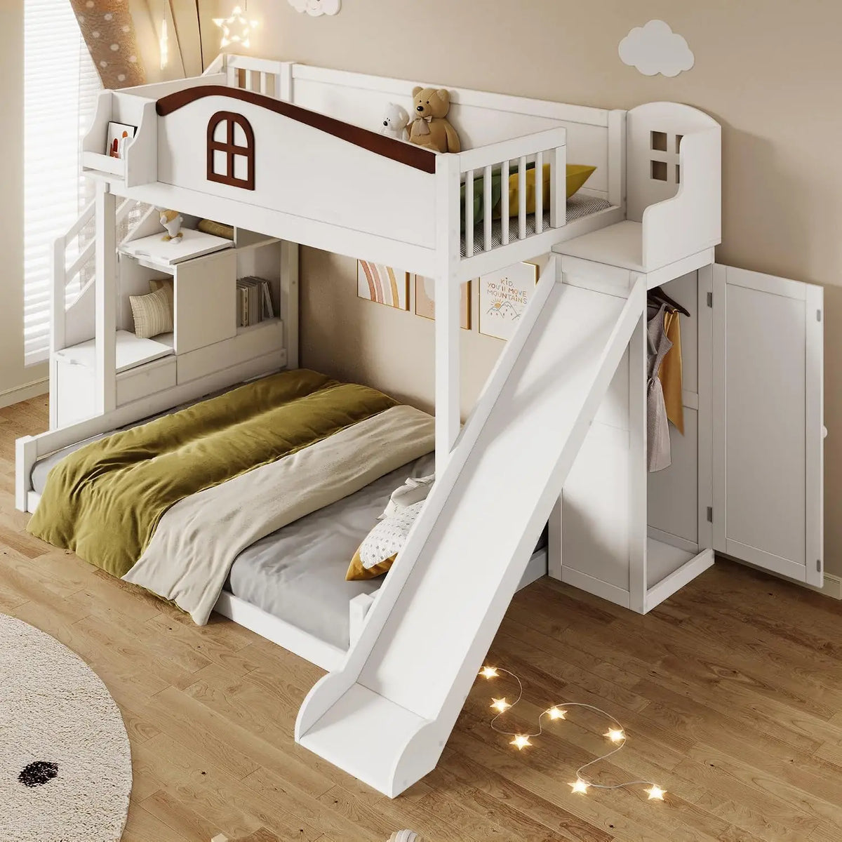 Bunk Bed with Storage Staircase and Slide (White-S-, Twin Over Full) | Ample Storage Shelf,No Box Spring, Customized