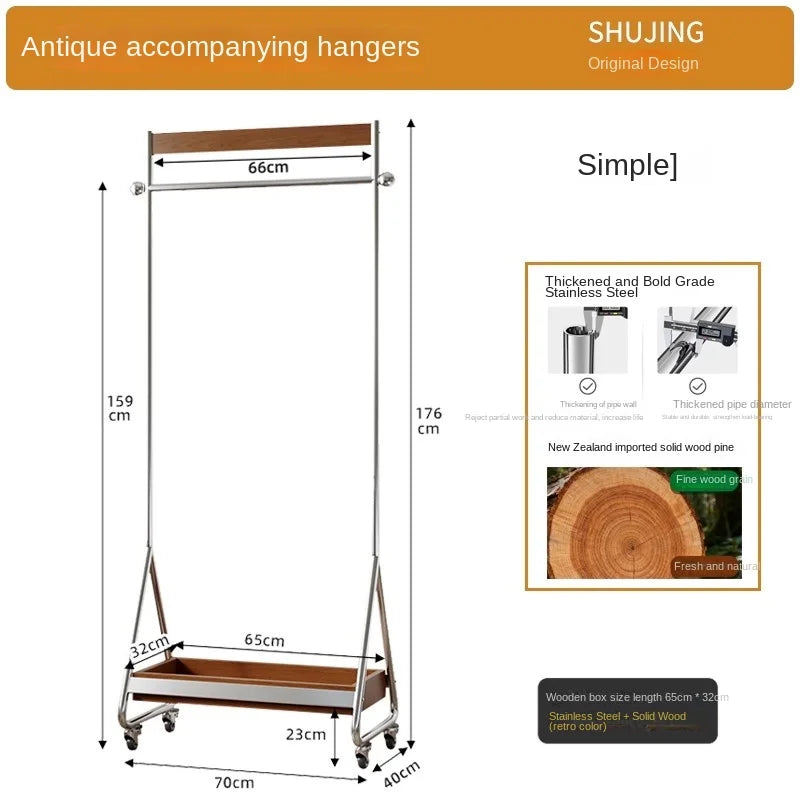 MOMO French Medieval Floor-Standing Hanger Movable Solid Wood & Stainless Steel Corner Coat Rack for Home Bedroom Storage