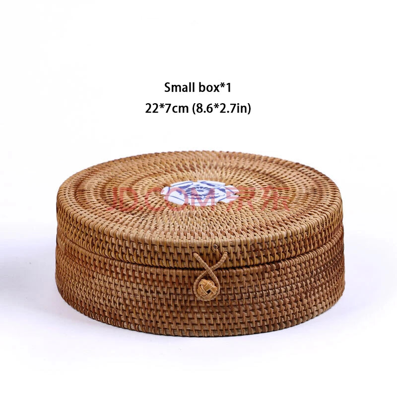 Handwoven Rattan Storage Box With Lid Wicker Tea Food Container Picnic Bread Fruit Cake Basket Ornament Box Kitchen Organizer