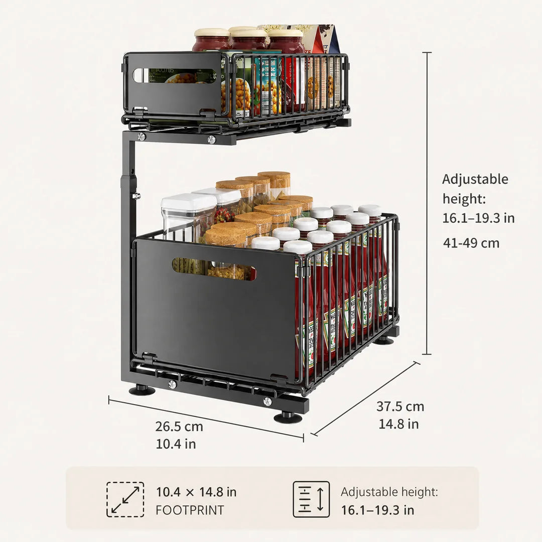 Adjustable Pull-Out Cabinet Organizer, 2-Basket Black Carbon Steel Storage Rack with 5 Height Positions for Kitchen Pantry and Countertop