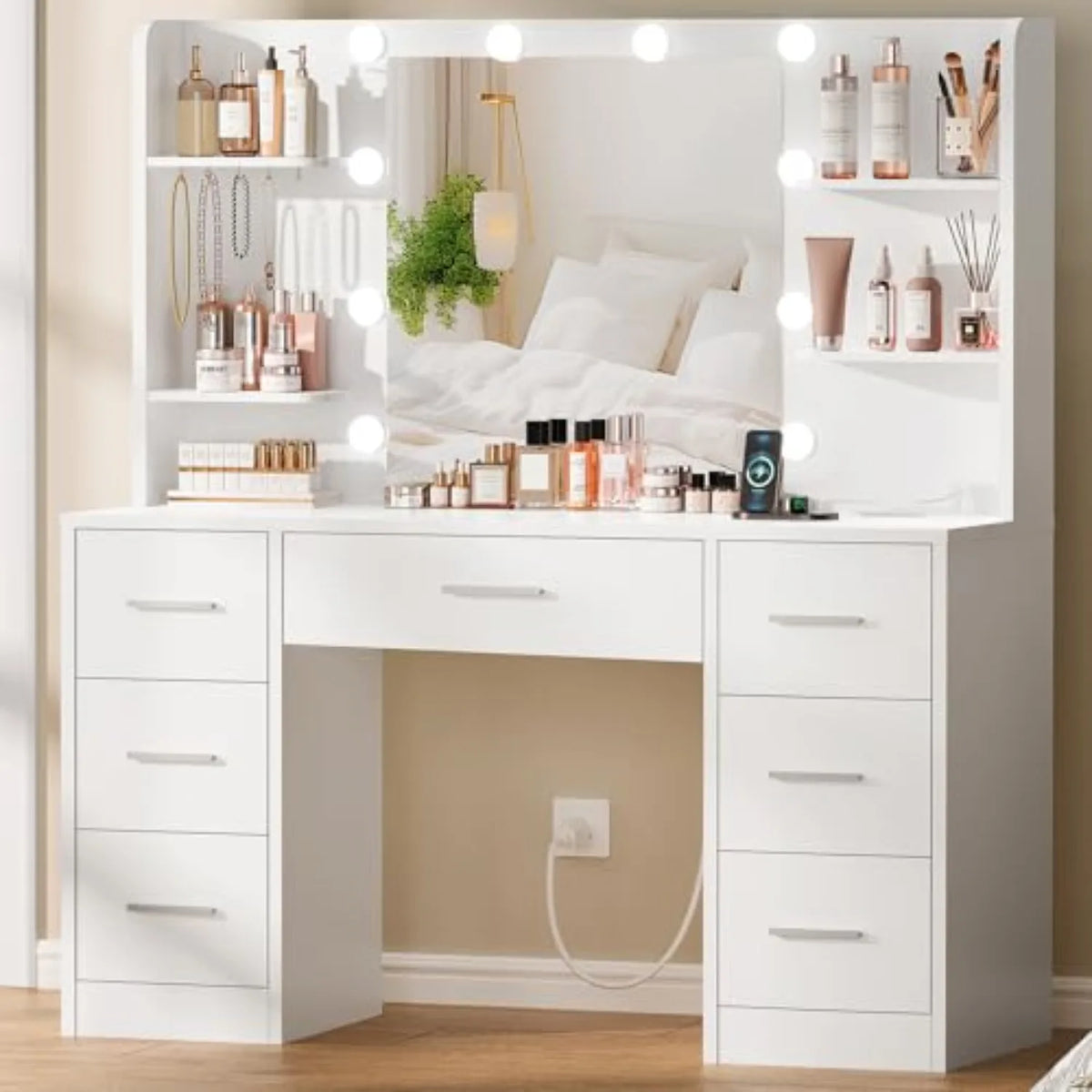 Large Makeup Vanity Desk with LED Mirror and Power Outlet, 7 Drawers and 4 Shelves for Bedroom Storage