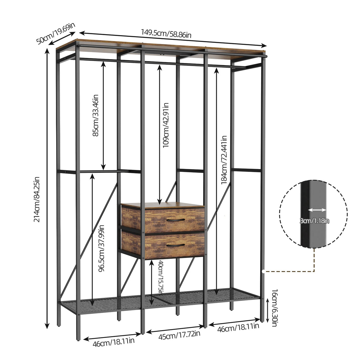 Industrial Coat Rack Stand, Open Wardrobe, Clothes Rail with 2 Drawer and Shelves, Bedroom Storage, Hanging Bar, XXL
