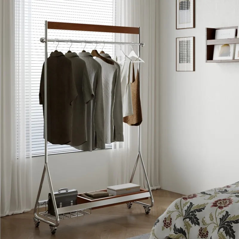 MOMO French Medieval Floor-Standing Hanger Movable Solid Wood & Stainless Steel Corner Coat Rack for Home Bedroom Storage