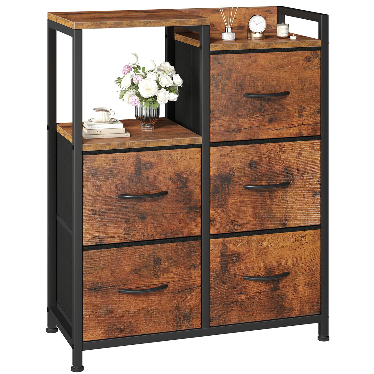 MCQ Fabric 5 Drawers Cabinet And Open Grid For Living Room Storage Cabinet Organizer with 2 Tier Shelf Beside Nightstand Dresser Tables Display Furniture