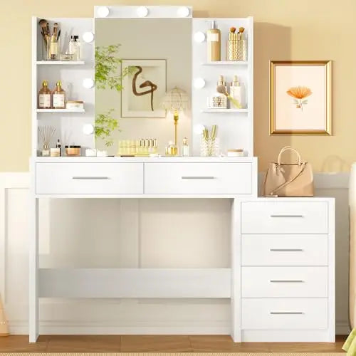 Large Makeup Vanity Desk with LED Mirror and Power Outlet, 7 Drawers and 4 Shelves for Bedroom Storage