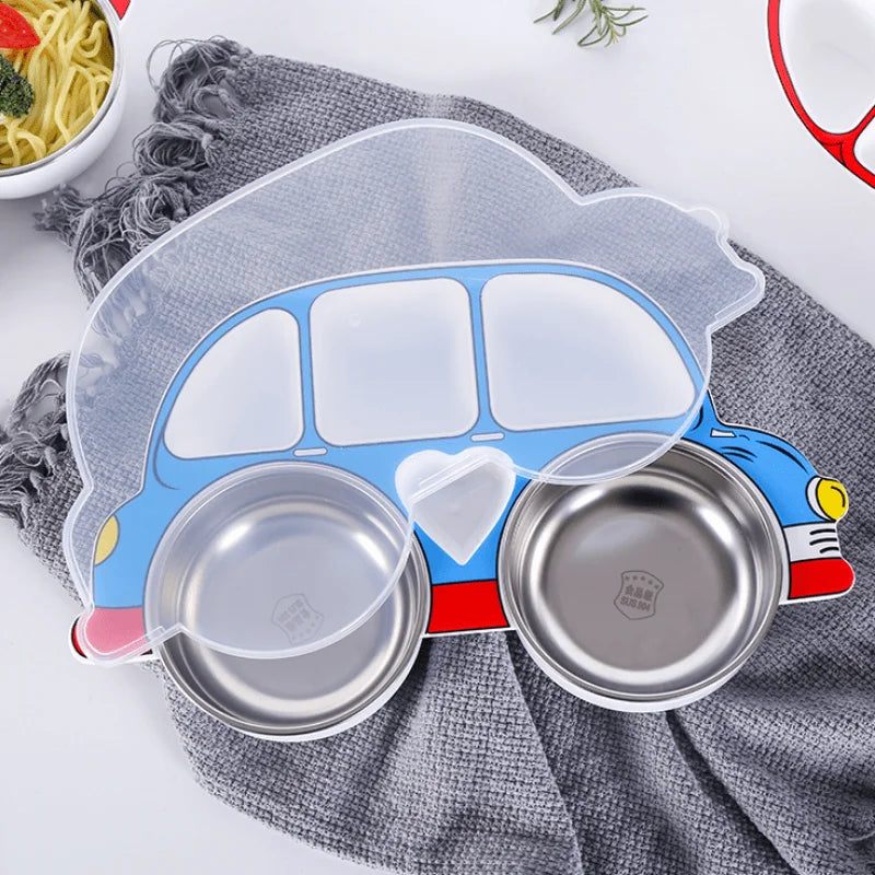Korean Style Love Beetle Car Shaped Meal Plate with Cover Divided Tableware Stainless Steel Anti Drop Children's Plate Sets