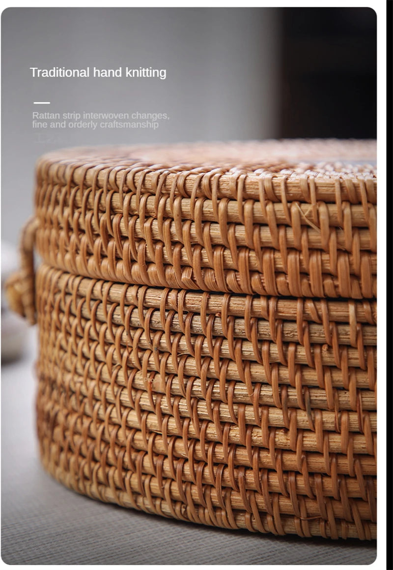Handwoven Rattan Storage Box With Lid Wicker Tea Food Container Picnic Bread Fruit Cake Basket Ornament Box Kitchen Organizer