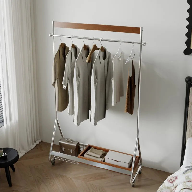 MOMO French Medieval Floor-Standing Hanger Movable Solid Wood & Stainless Steel Corner Coat Rack for Home Bedroom Storage