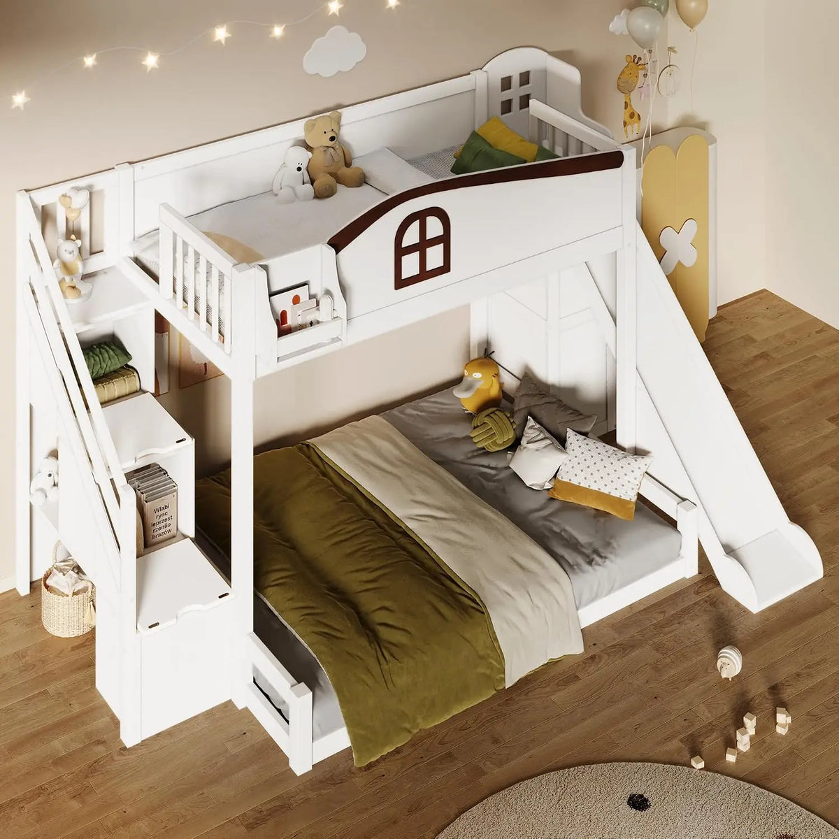 Bunk Bed with Storage Staircase and Slide (White-S-, Twin Over Full) | Ample Storage Shelf,No Box Spring, Customized