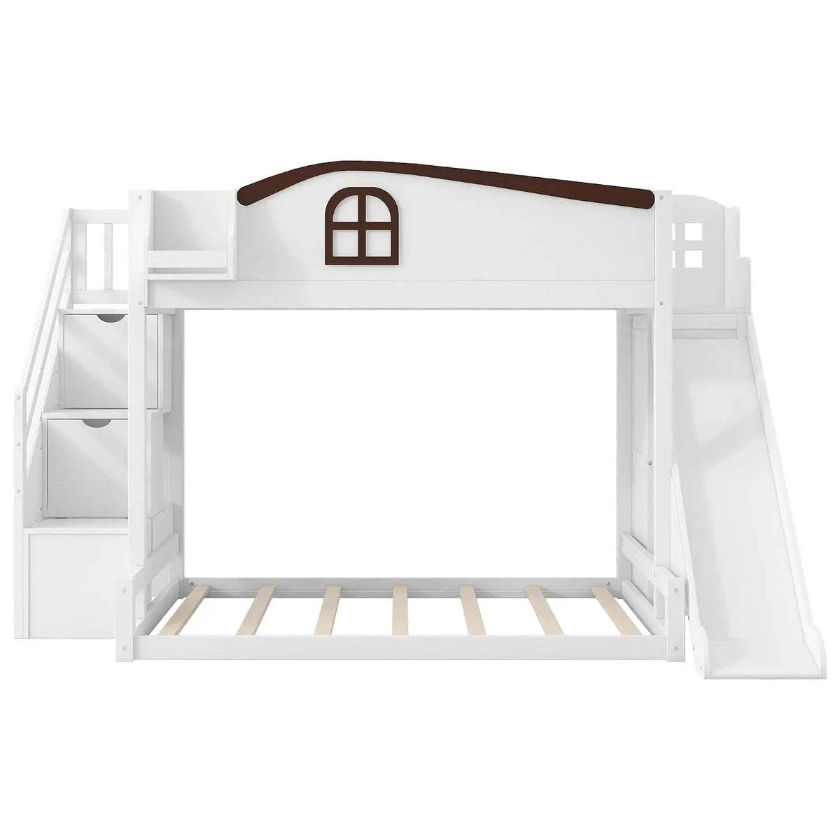 Bunk Bed with Storage Staircase and Slide (White-S-, Twin Over Full) | Ample Storage Shelf,No Box Spring, Customized