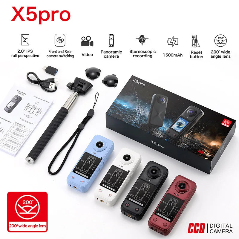 4K HD Panoramic Action Camera Front & Rear Dual Lens 200° Wide‑Angle 2.0'' Screen Handheld Camcorder Outdoor Sports Vlog Cameras