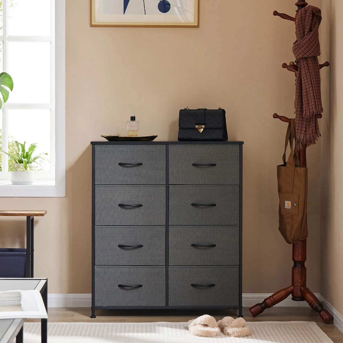MCQ Fabric 5 Drawers Cabinet And Open Grid For Living Room Storage Cabinet Organizer with 2 Tier Shelf Beside Nightstand Dresser Tables Display Furniture