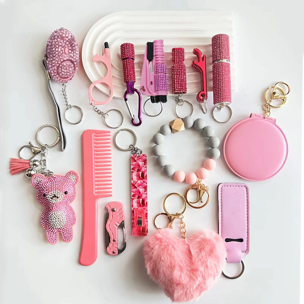 15Pcs/Set Rhinestone Self Defense Women Keychains Personal Safety Multifunction Protection Keychains With Alarm Mirror Pompoms