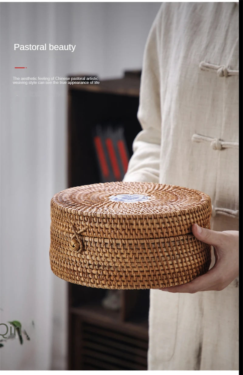 Handwoven Rattan Storage Box With Lid Wicker Tea Food Container Picnic Bread Fruit Cake Basket Ornament Box Kitchen Organizer