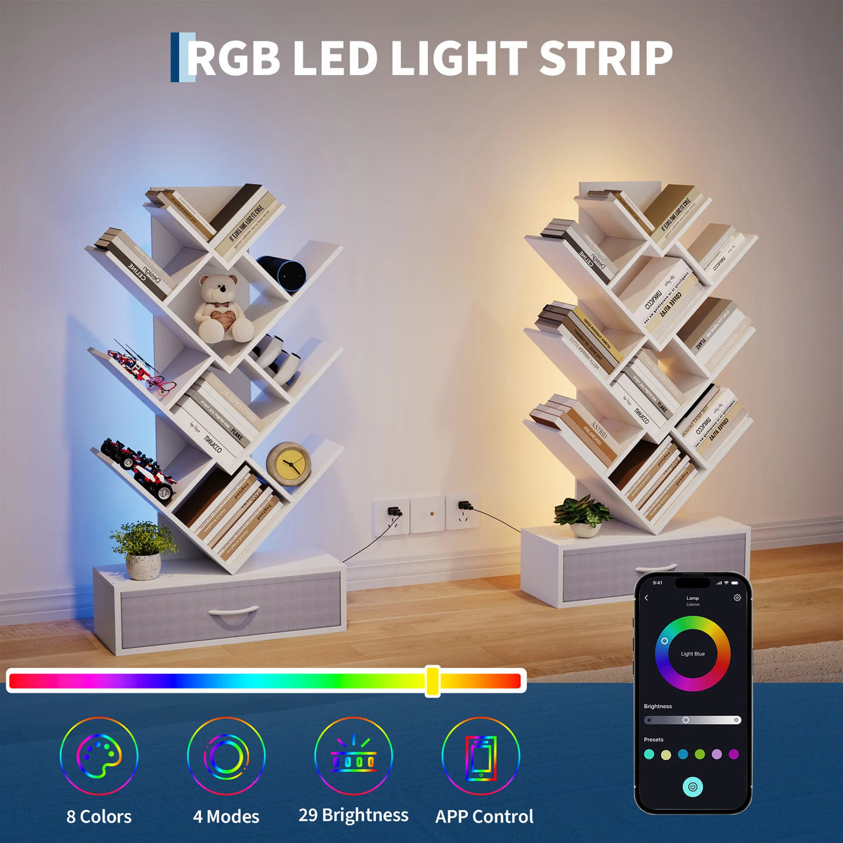 Tree Bookshelf with LED Lights, 7-Tier Bookcase with Fabric Drawer, Narrow Industrial Floor Standing Storage Rack for Small Spaces, Living Room, Bedroom, Home Office,