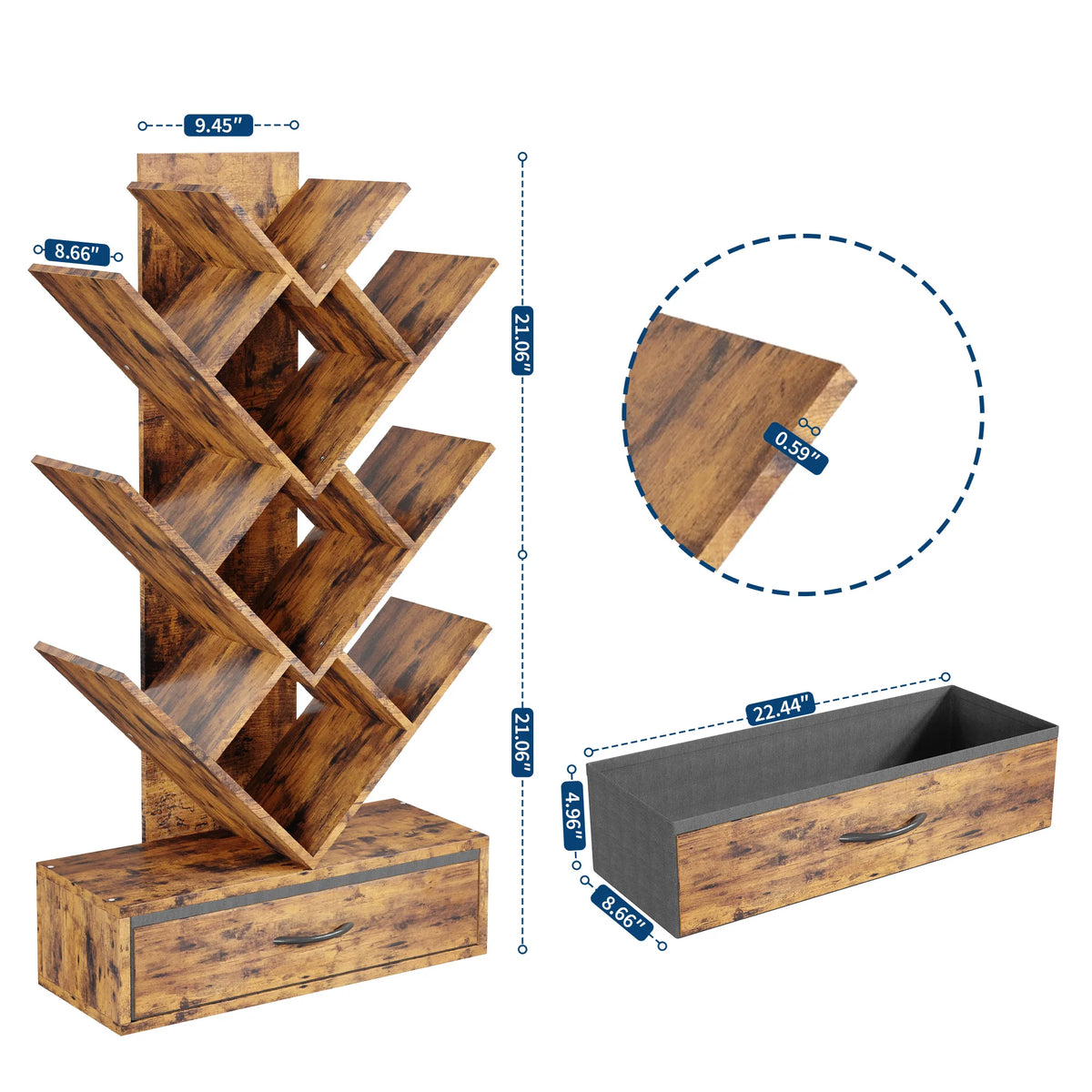 Tree Bookshelf with LED Lights, 7-Tier Bookcase with Fabric Drawer, Narrow Industrial Floor Standing Storage Rack for Small Spaces, Living Room, Bedroom, Home Office,